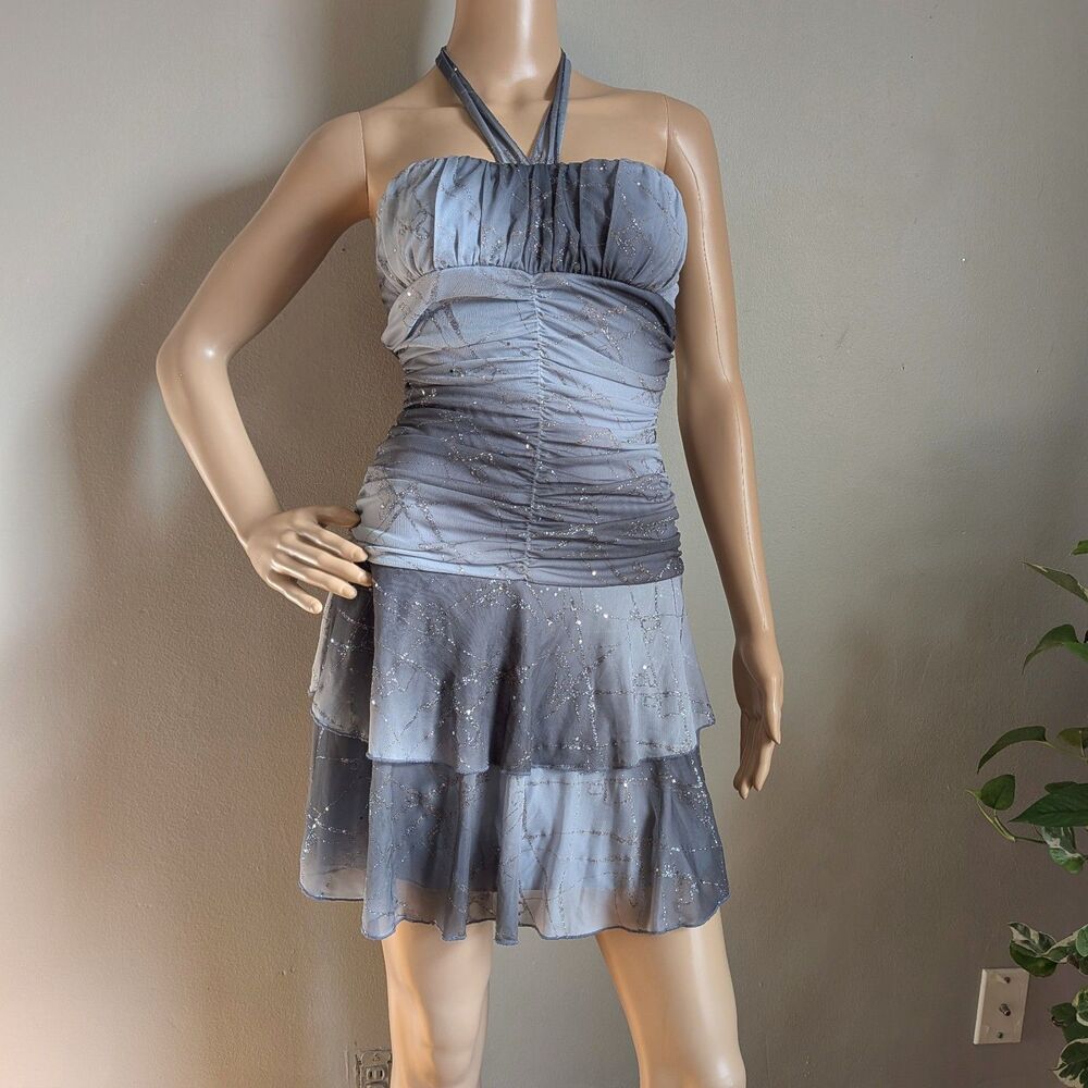 Vintage Y2K Taboo Gray Mini Dress Glitter Ombre Halter Fairycore Layered Size M
